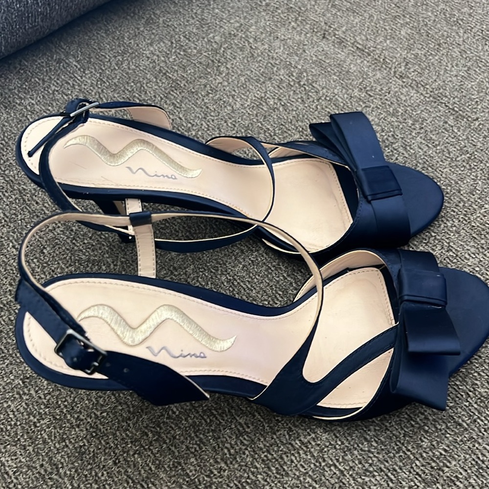 Nina Navy Satin Open-Toe Slingback Sandals with Bow Accent